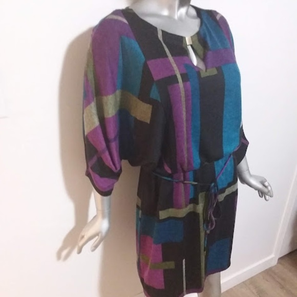 Medium Shift Dress Multicolor Color Block Batwing Sleeves Round Neck - Picture 3 of 7